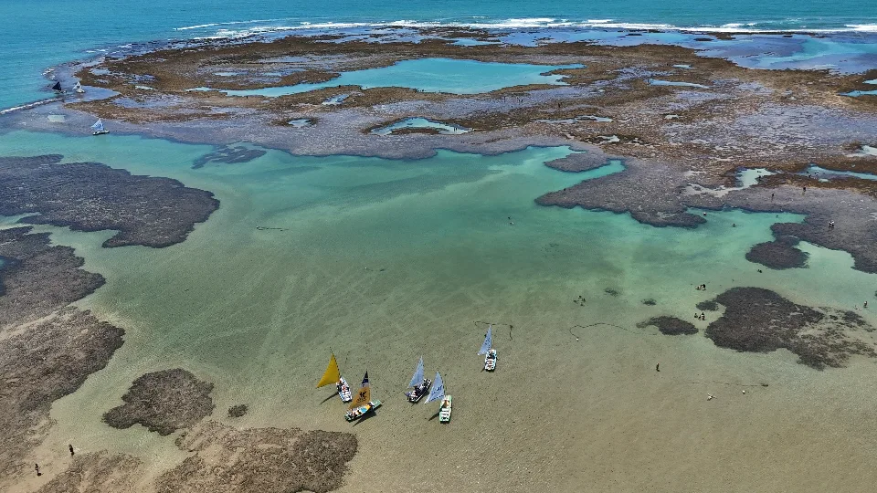 Vista aérea das piscinas naturais com jangadas
