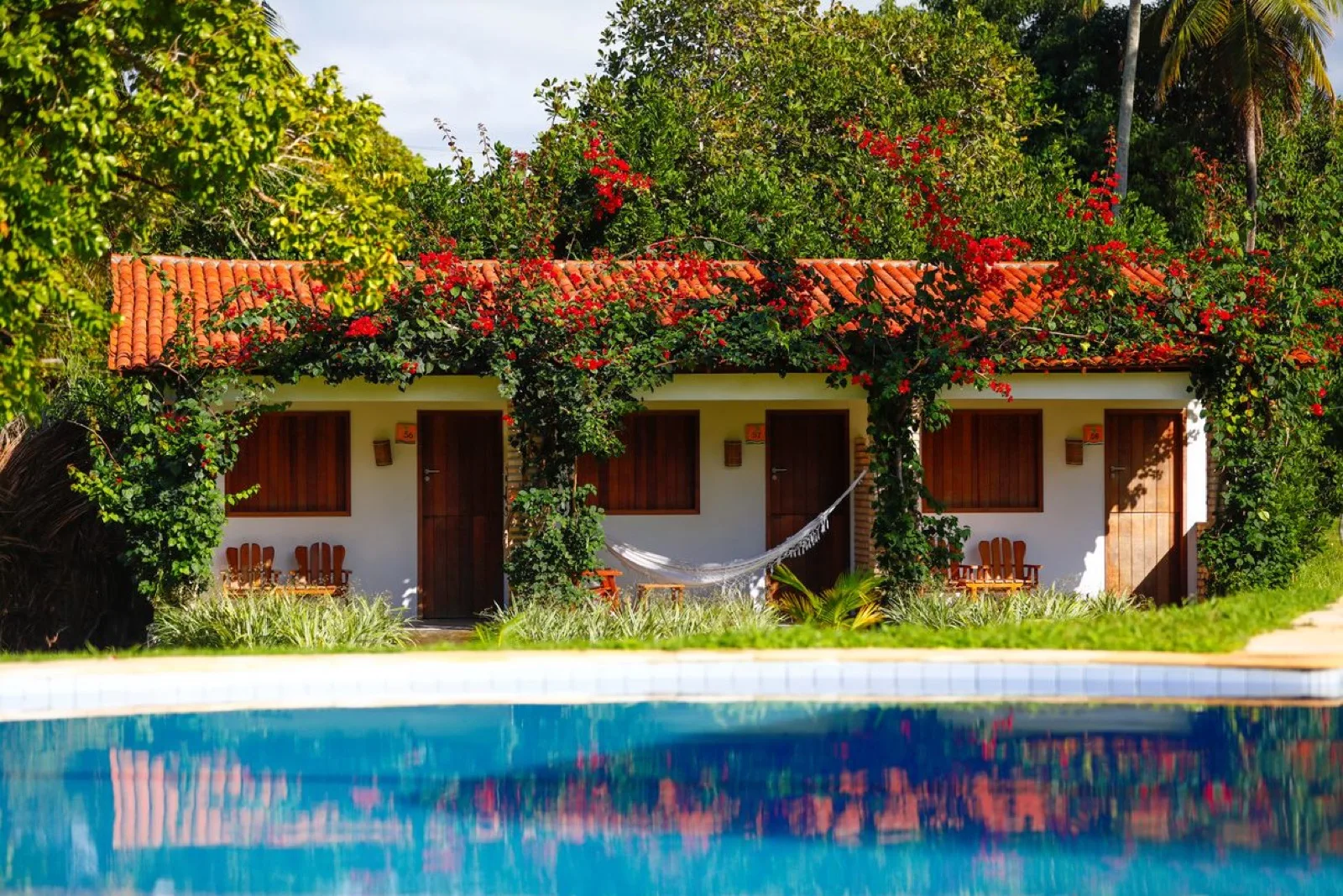 Vista Jardim, chalés à beira da piscina com telhado coberto de buganvílias vermelhas e rede na varanda